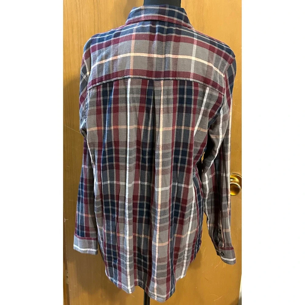 Lucky Brand Plaid Button Front Flannel Shirt Women's Large Gray Burgundy Blue - Picture 6 of 7